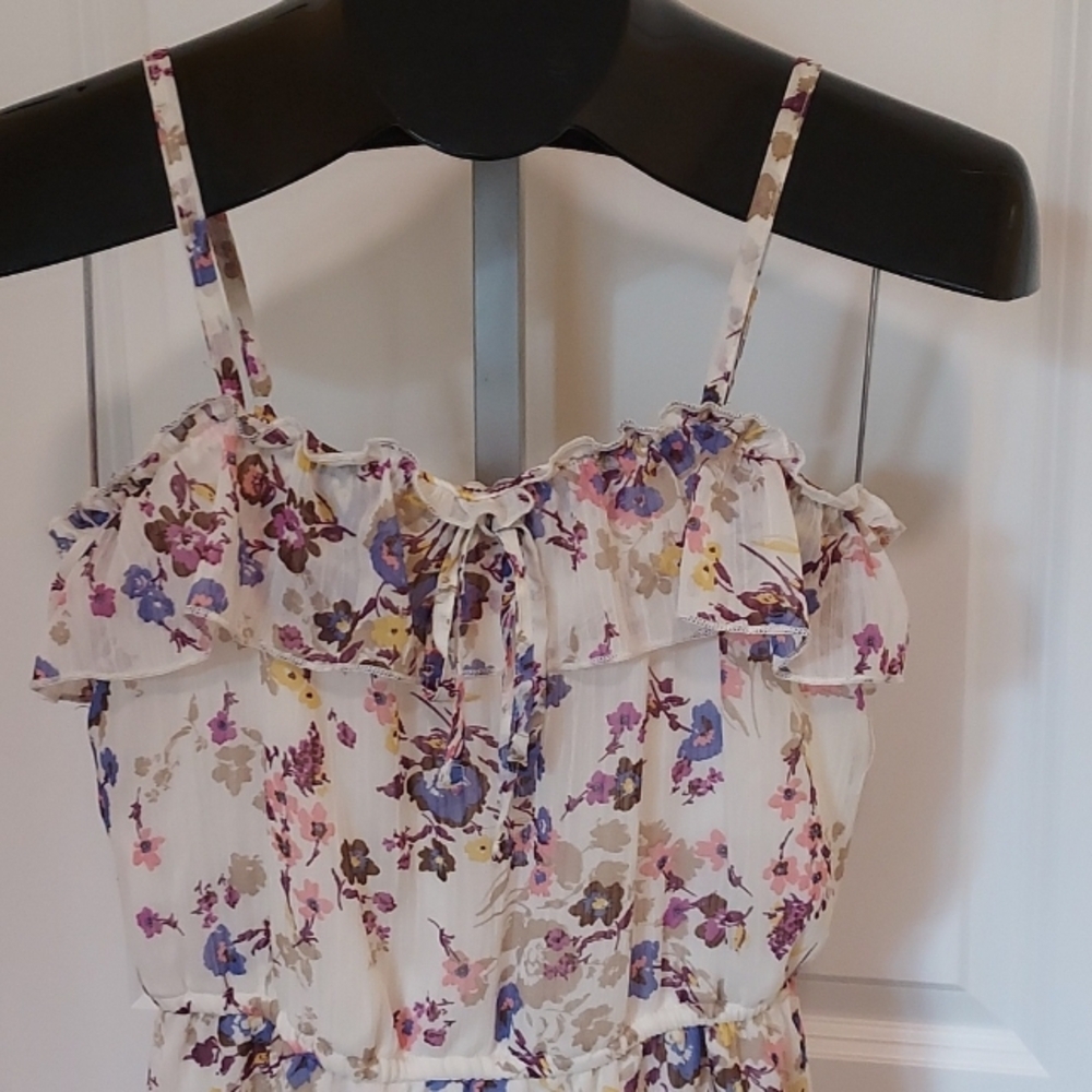 Bohemian Flowy Floral Cream Lined Adjustable Spaghetti Strap Mini Dress Size M